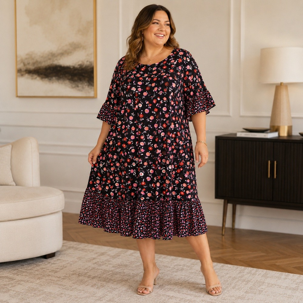 Talbots Dress Floral Flutter Sleeve Hem Black Pink Orange Plus 16W